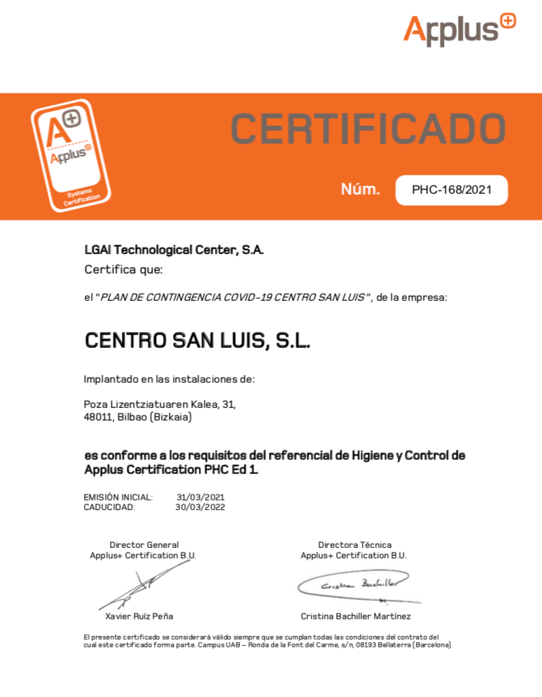 Certificado de Centro San Luis por su protocolo de contingencia COVID 